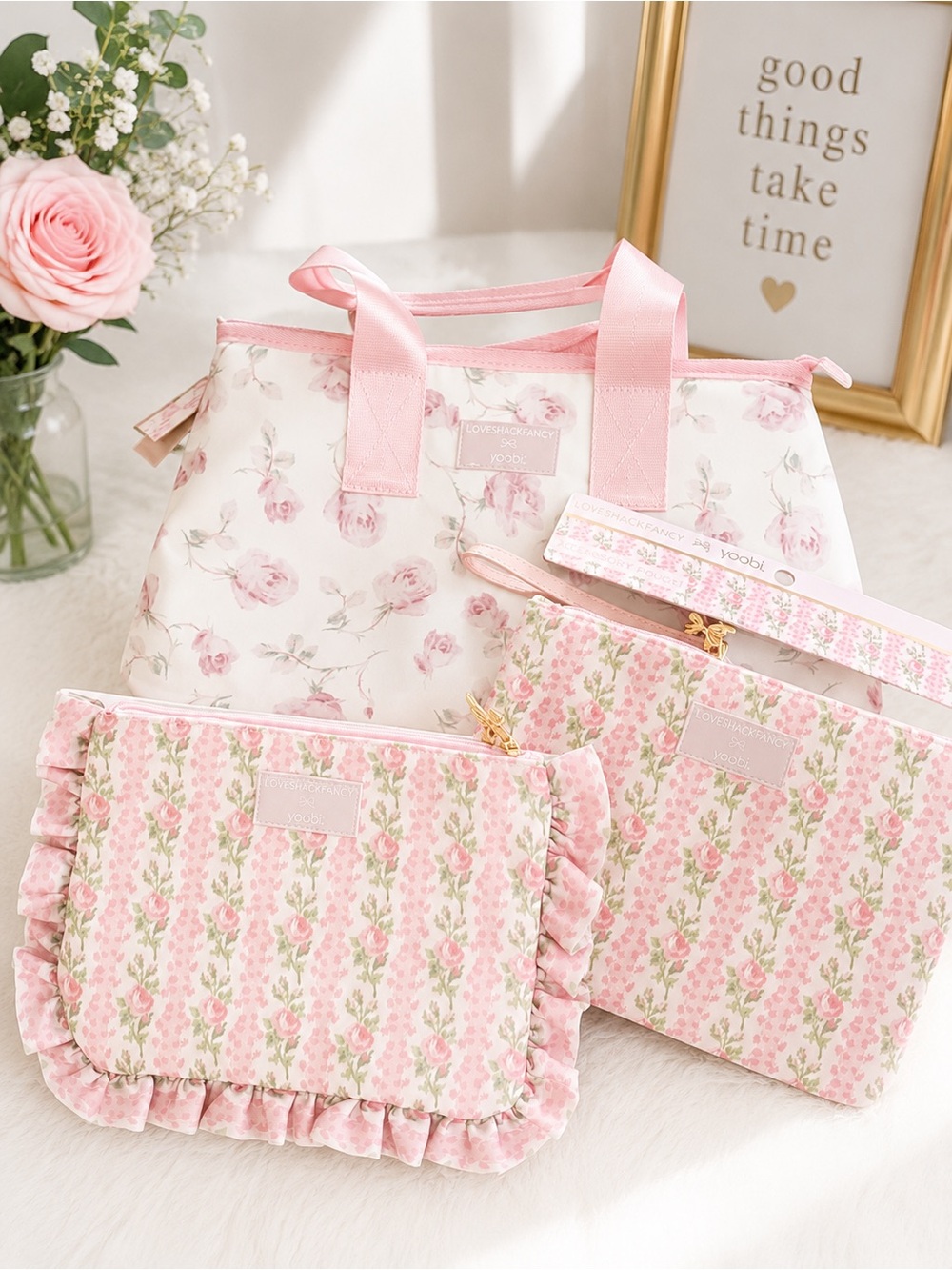 LoveShackFancy Pink Floral lunch Tote and two Pouch Set
